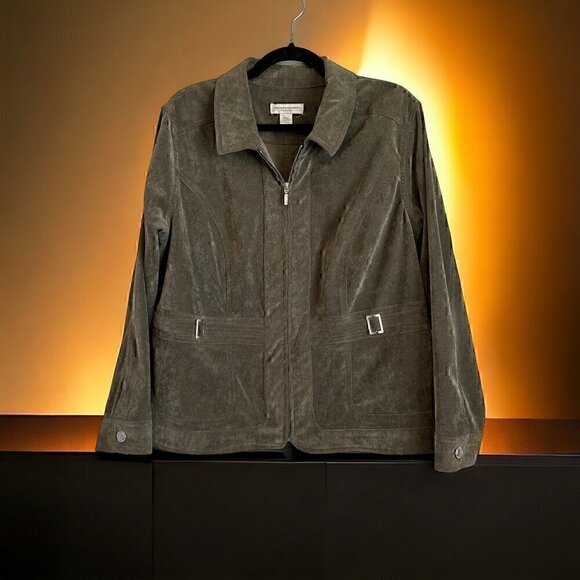 Christopher & Banks petite olive green faux suede zip jacket blazer silver - Picture 1 of 11